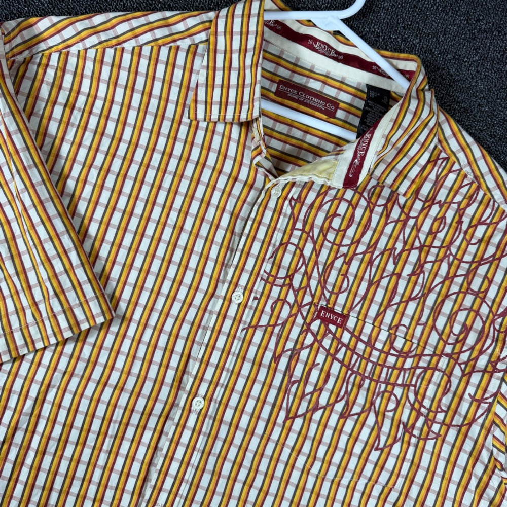 Vintage Enyce Mens XL Plaid Short Sleeve Button Up Y2K Cholo Flame Graphic Baggy